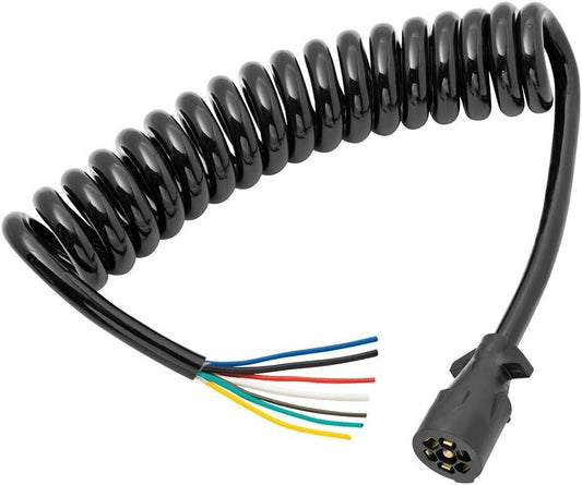 Coiled 7-Way Trailer Wire End Connector Harness - Durable & Weather-Resistant