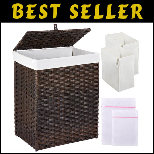 Chic Brown Laundry Basket with Lid & 2 Washable Bags - 90L Stylish Storage