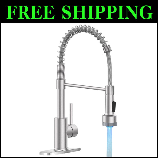 Modern Brushed Nickel Kitchen Faucet with 360° Pull Down Sprayer & LED Light