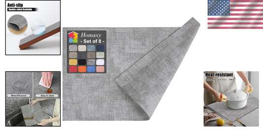 Set of 8 Light Grey Faux Leather Placemats - Stylish Heat Resistant Dining Mats