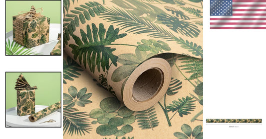 Eco-Friendly Kraft Wrapping Paper Roll with Floral Green Leaves - 196 Sq Ft