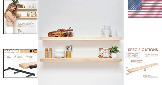 48 Inch Durable Floating Shelves for Wall - Modern Pine Wood Styling