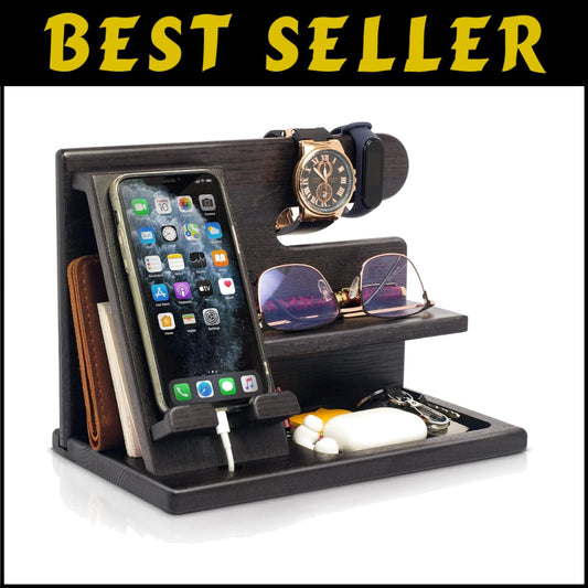 Multi-Functional Wood Phone Docking Station for Men - Ideal Gift in Fumed Black