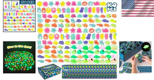 160 Assorted Squishy Fidget Toys with Glow in the Dark - Fun Kids Party Treats