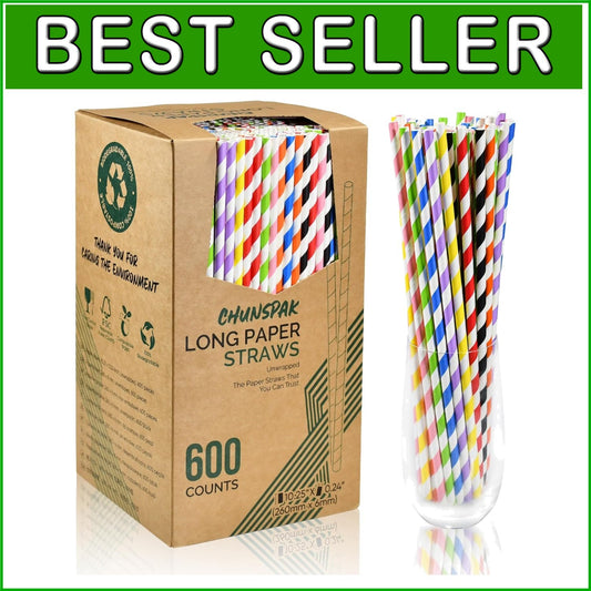 10 Inch Disposable Paper Straws - Bulk of 600 Assorted Colors, Eco-Friendly