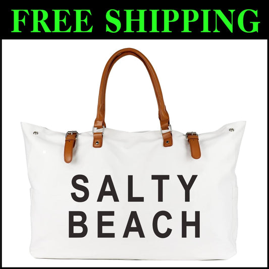 Oversized Beach Tote with Multi Pockets and Vegan Leather Handle - Sandproof Bag