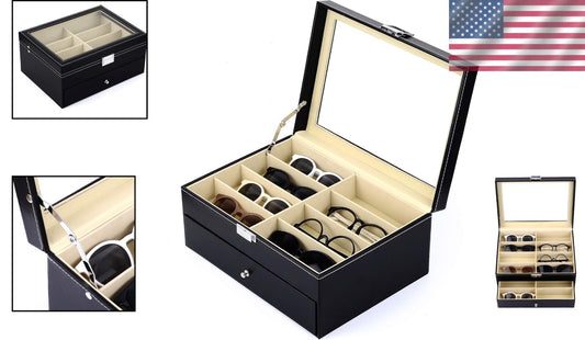 16-Slot Leather Sunglass Organizer with Anti-Scratch Glass Top - Classic Black