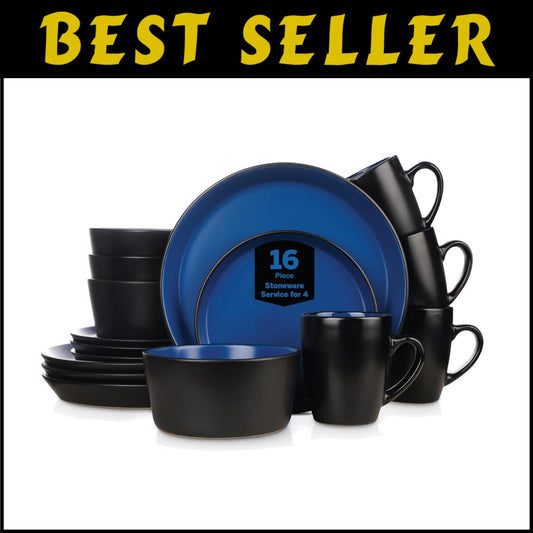 Stylish 16-Piece Blue and Black Stoneware Dinnerware Set for 4 - Modern Elegance