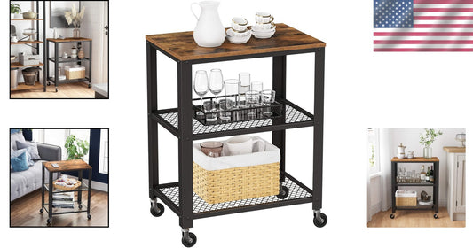 BRYCE 3-Tier Kitchen Utility Cart on Wheels - Rustic Brown and Black Elegance
