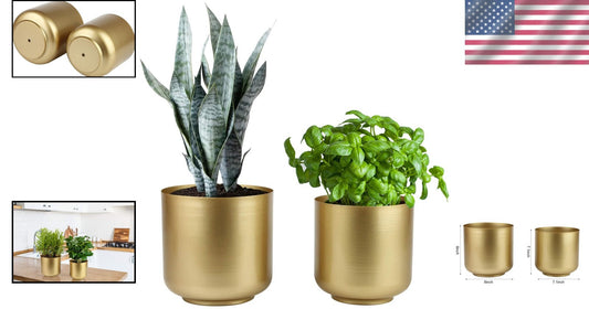 Versatile Round Gold Planters - 8" & 7.1" Indoor Metal Flower Pots with Drainage