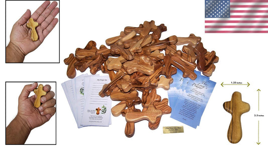 Inspirational 2.5" Olive Wood Palm Crosses with Lord Prayer Card - Pack of 50