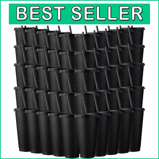 60 Pack Black Glitter Tumblers with Straw & Lid – Stylish Drinkware for Parties