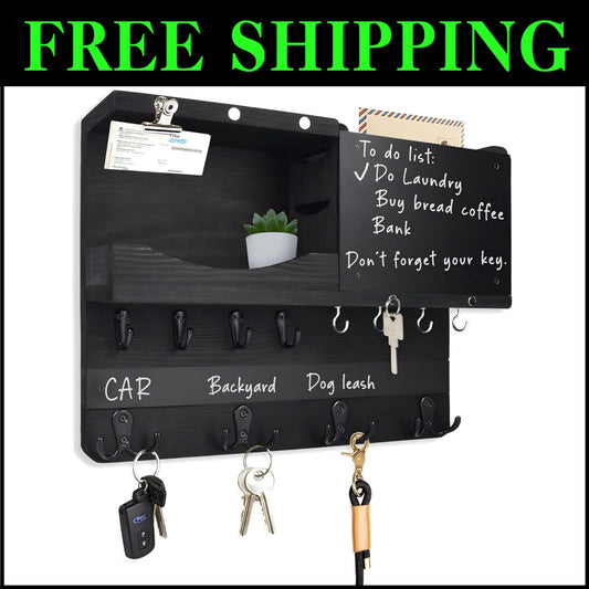 Antique Finish Key and Mail Holder with Chalkboard and Rustic Shelf Design