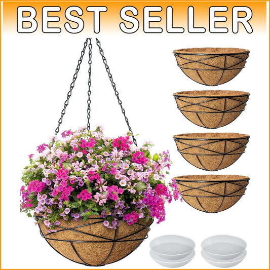 Elegant 4 Pack 14 Inch Hanging Flower Baskets with Coco Liner for Outdoor Plants