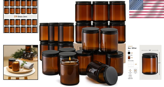 24-Pack Amber Glass Jars with Airtight Black Lids - Perfect for Candle Making