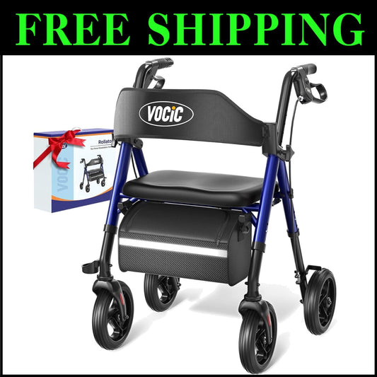 Durable Foldable Walker with Seat and 8" Wheels - Perfect for Seniors' Mobility