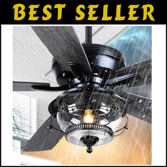 Elegant 52-Inch Black Ceiling Fan with Waterproof LED Light - Ideal for Patios