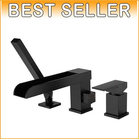 360° Swivel Spout Black Tub Faucet with Hand Shower – Brass Deck Mount Design