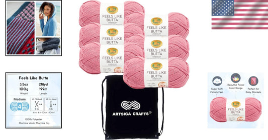 6 Skeins Ultra-Soft Dusty Pink Yarn - Easy Crafting with Project Drawstring Bag
