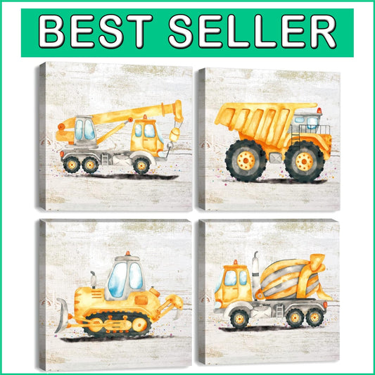 Eco-Friendly Construction Vehicle Canvas Art Set for Kids Room - 14x14 Inches