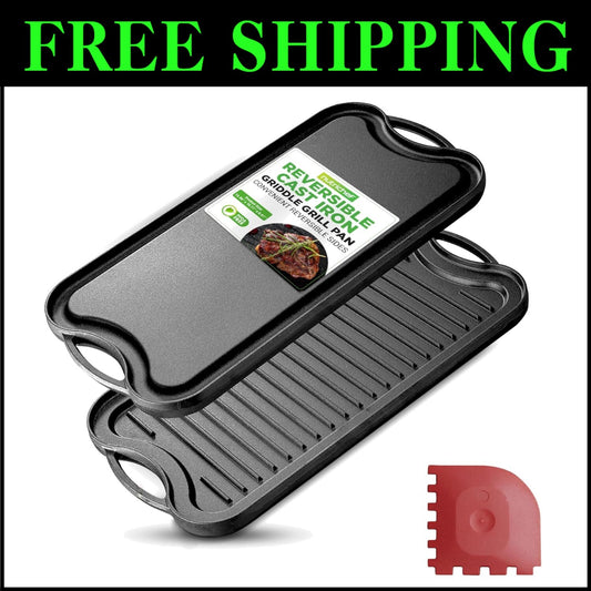 Oven Safe Cast Iron Griddle with Reversible Sides - Ideal for Grilling & Cooking