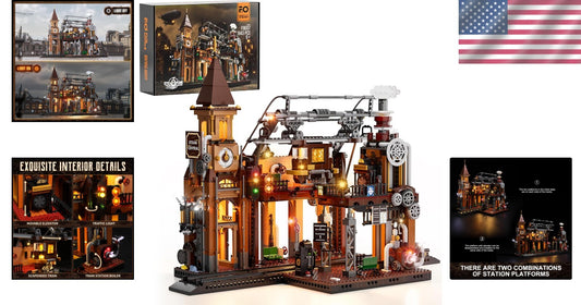Engaging 1843-Piece Steampunk Train Station Set with Unique Lighting Features