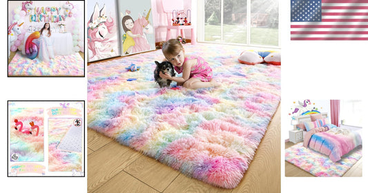 Fluffy Rainbow Area Rug 5x8 Feet - Perfect for Kids' Playroom & Nursery Decor