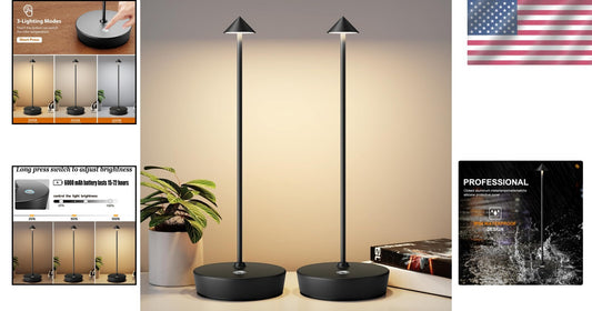 2-Pack Cordless Rechargeable LED Table Lamp with Adjustable Brightness - Black