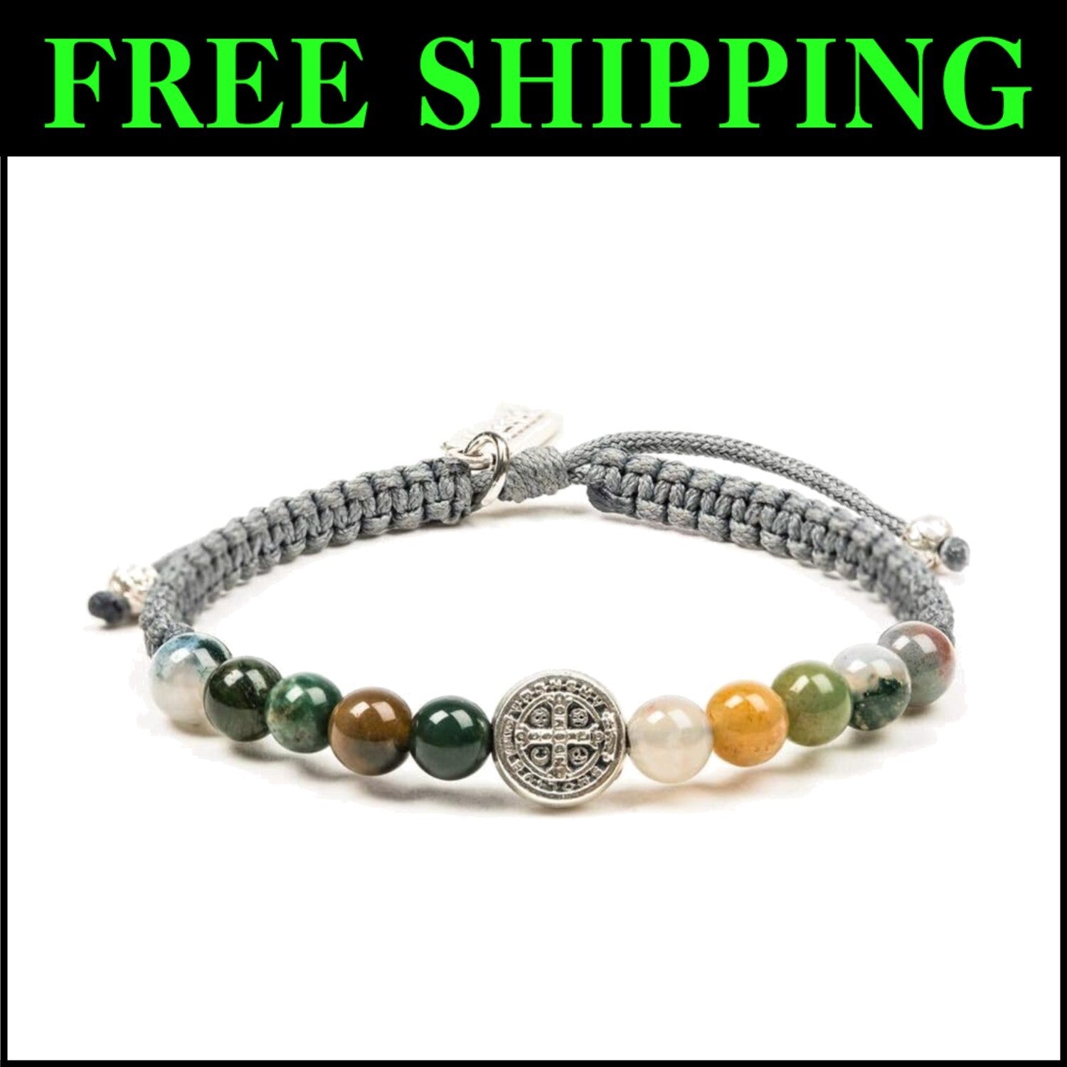 Handcrafted Benedictine Protection Bracelet – Mixed Agate and Silver Cross Medal