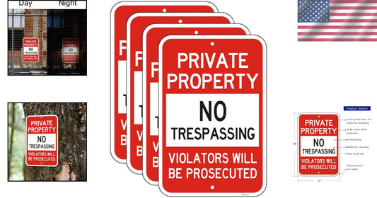 Engineer Grade Reflective No Trespassing Signs, 12x18 Inches, Heavy Duty 4 Pack