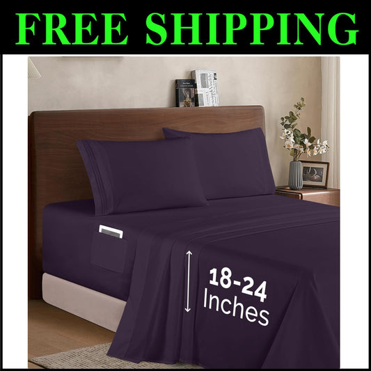 King-Size Luxury Microfiber Sheet Set - Fade Resistant & Wrinkle Free, Eggplant