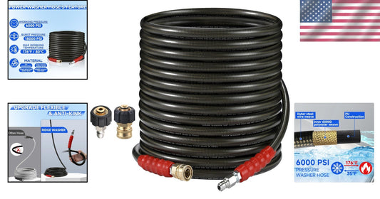 Versatile 50ft Steel Braid Pressure Washer Hose - 6000 PSI, for Gas & Electric