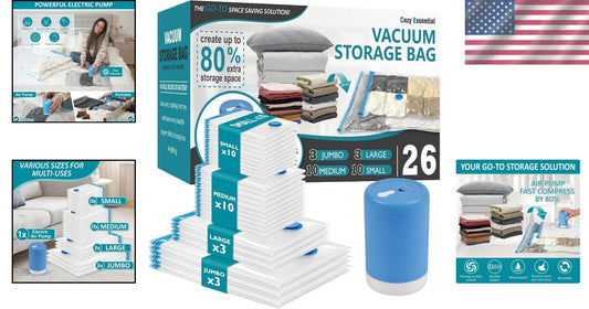 Effortless Compression Vacuum Bags 26 Pack with Electric Pump & Seal Technology