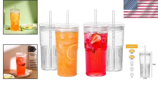 Elegant 4-Piece Glass Tumbler Set - 20 Oz with Lids & Straws for Every Occasion
