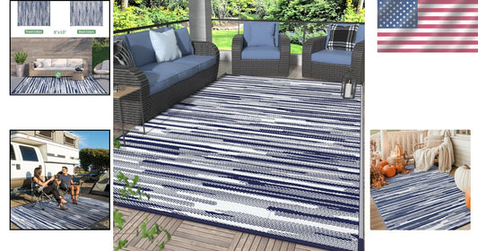 Eco-Friendly 8'x10' Waterproof Outdoor Rug – Reversible Blue & White Design