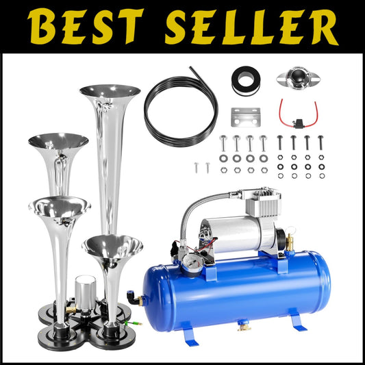 4 Trumpet Train Horn System with 150DB Sound - Portable Air Compressor Included