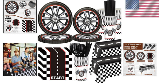 Stylish Race Car Birthday Decorations - Disposable Plates, Cups, and Cutlery Set
