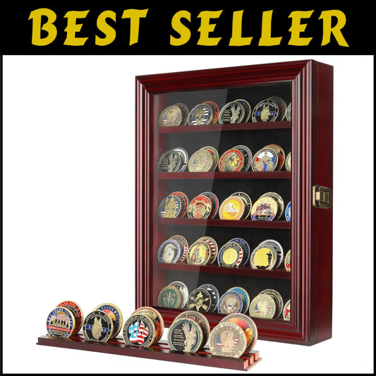 Handcrafted Mahogany Challenge Coin Case with HD Glass - Perfect Gift for Heroes