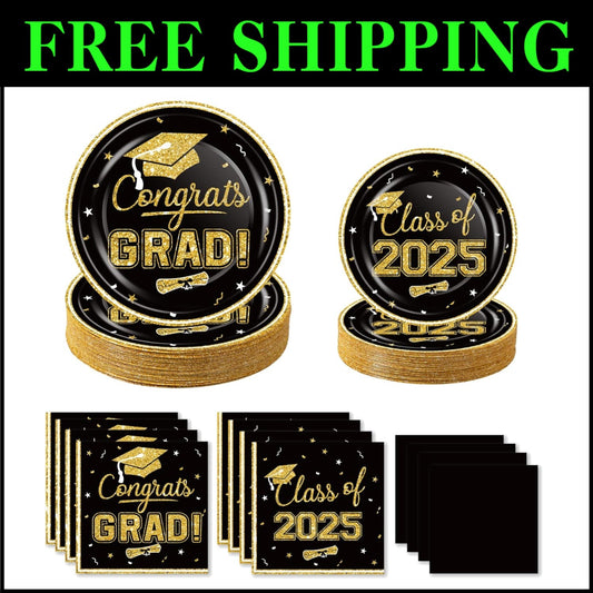 320Pcs Black & Gold Graduation Party Supplies - Elegance for Class of 2025