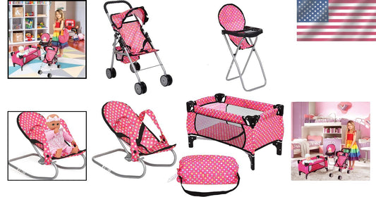 4-Piece Doll Play Set: Pack 'n Play, Stroller & High Chair for 18
