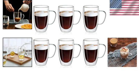 Durable Borosilicate Glass Coffee Mugs - 16oz Double Layer Insulation, 6 Pack