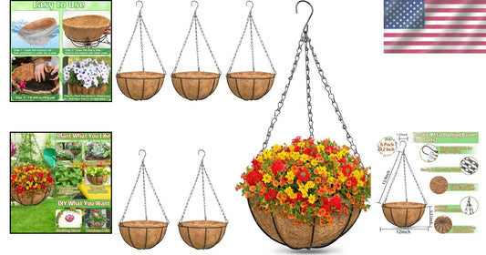 Elegant 6-Piece Set of 12-Inch Coconut Lined Hanging Planters for Vibrant Spaces