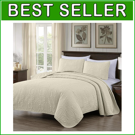 Elegant 3-Piece Ivory King Coverlet with Medallion Pattern - Year-Round Comfort