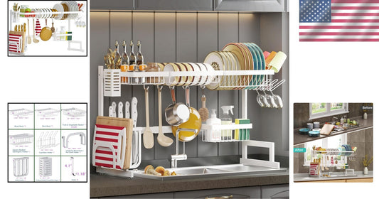 Adjustable Over Sink Dish Drying Rack - Stainless Steel 2-Tier Kitchen Organizer