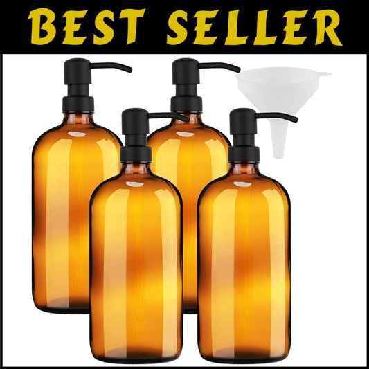 Versatile 32oz Amber Glass Shampoo and Soap Dispenser with Stainless Steel Pumps