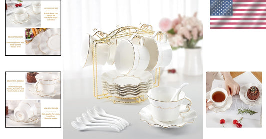 Luxury British Porcelain Tea Cups and Saucers with Butterfly Handles Set of 6