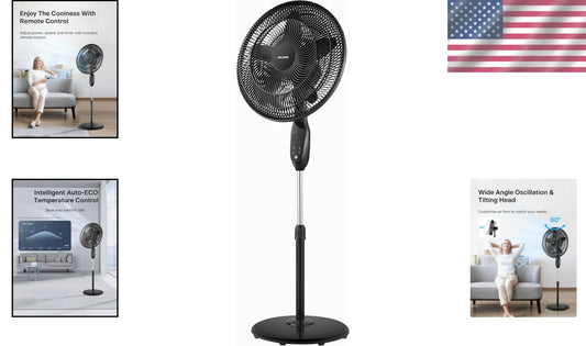 18-Inch Oscillating Pedestal Fan with Remote & 5 Speed Settings - Black Elegance