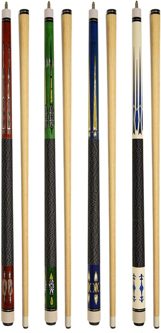 Premium Set of 4 Hardwood 58-Inch Pool Cues with Leather Tips for Billiards