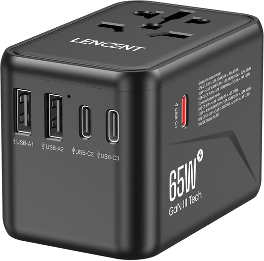 GaN III 65W Universal Travel Adapter - Fast Charging with USB & USB-C Ports