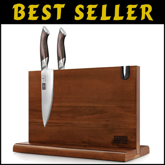 14x10 Magnetic Knife Holder Rack - Stylish Acacia Wood with Built-In Sharpener